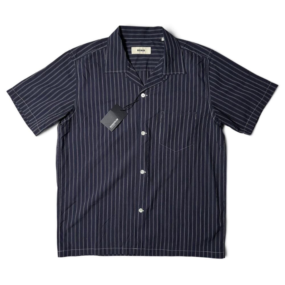 Buck Mason Wornwell Camp Shirt Mens Size M Navy Stripe Resort Short Sleeve NWT